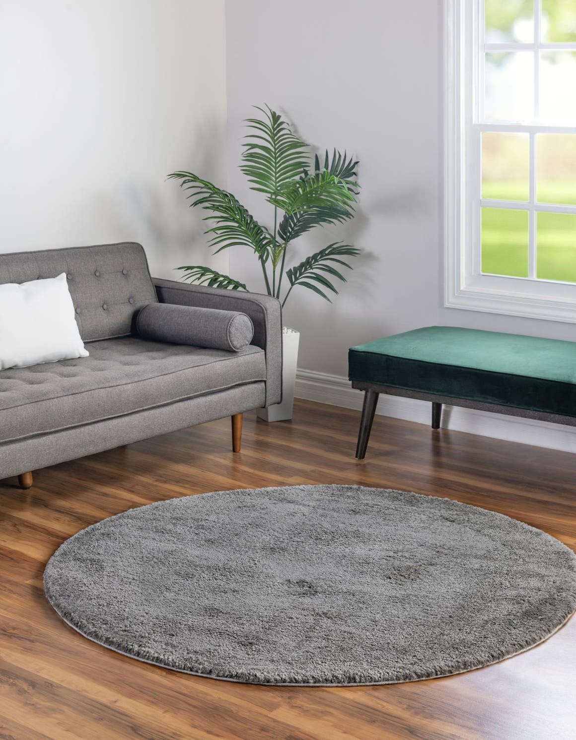 Gray 5' 3 x 5' 3 Solo Round Area Rug Thick Soft Touch Fluffy & Plush Shaggy Pile Durable Minimalist Carpet for Classic Interior Design for Sale at Rug Engine