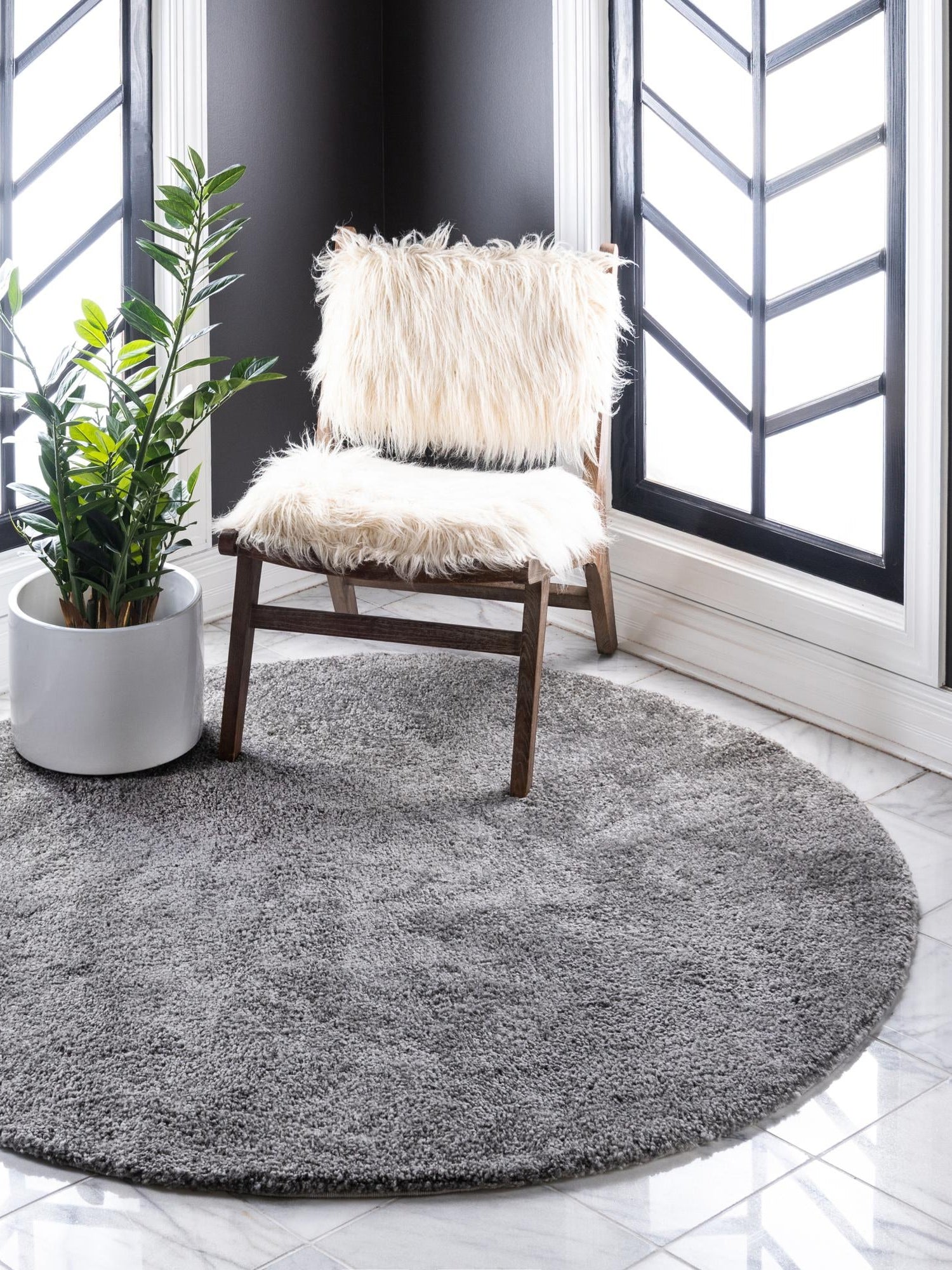 Gray 10' x 10' Solo Round Area Rug Thick Soft Touch Fluffy & Plush Shaggy Pile Durable Minimalist Carpet for Classic Interior Design for Sale at Rug Engine