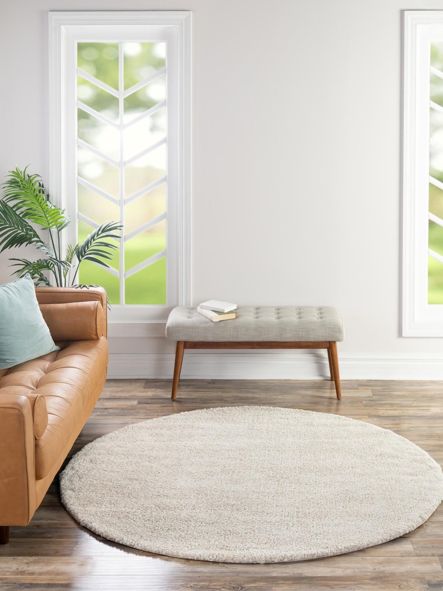 Ivory 4' 1 x 4' 1 Solo Round Area Rug Thick Soft Touch Fluffy & Plush Shaggy Pile Durable Minimalist Carpet for Classic Interior Design for Sale at Rug Engine