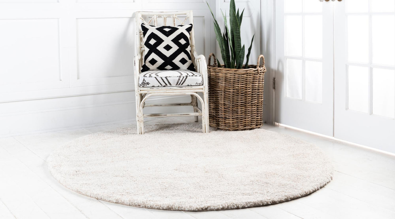 Ivory 8' x 8' Solo Round Area Rug Thick Soft Touch Fluffy & Plush Shaggy Pile