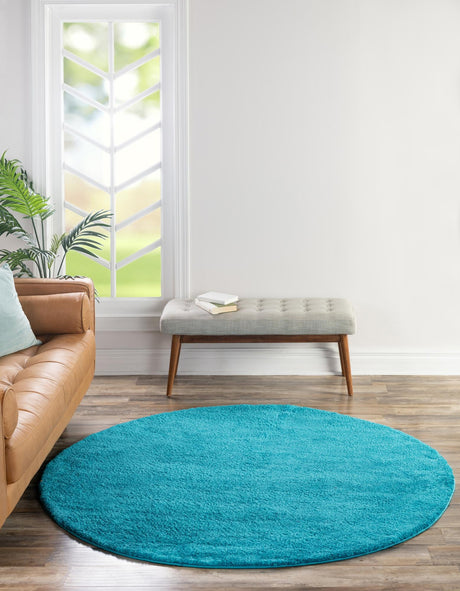 Turquoise 6' 1 x 6' 1 Solo Round Area Rug Thick Soft Touch Fluffy & Plush Shaggy Pile Durable Minimalist Carpet for Classic Interior Design for Sale at Rug Engine