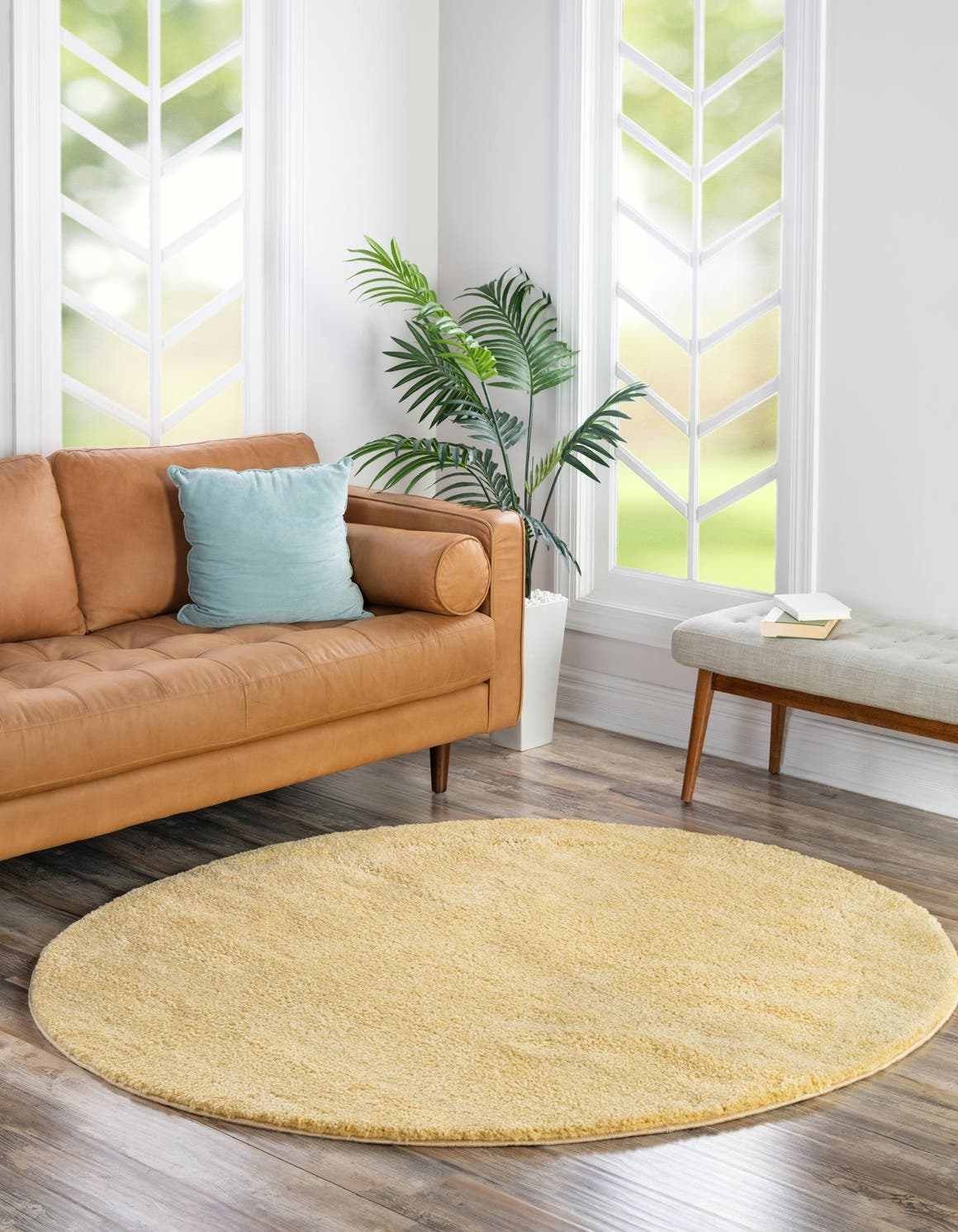 Yellow 8' x 8' Solo Round Area Rug Thick Soft Touch Fluffy & Plush Shaggy Pile Durable Minimalist Carpet for Classic Interior Design for Sale at Rug Engine