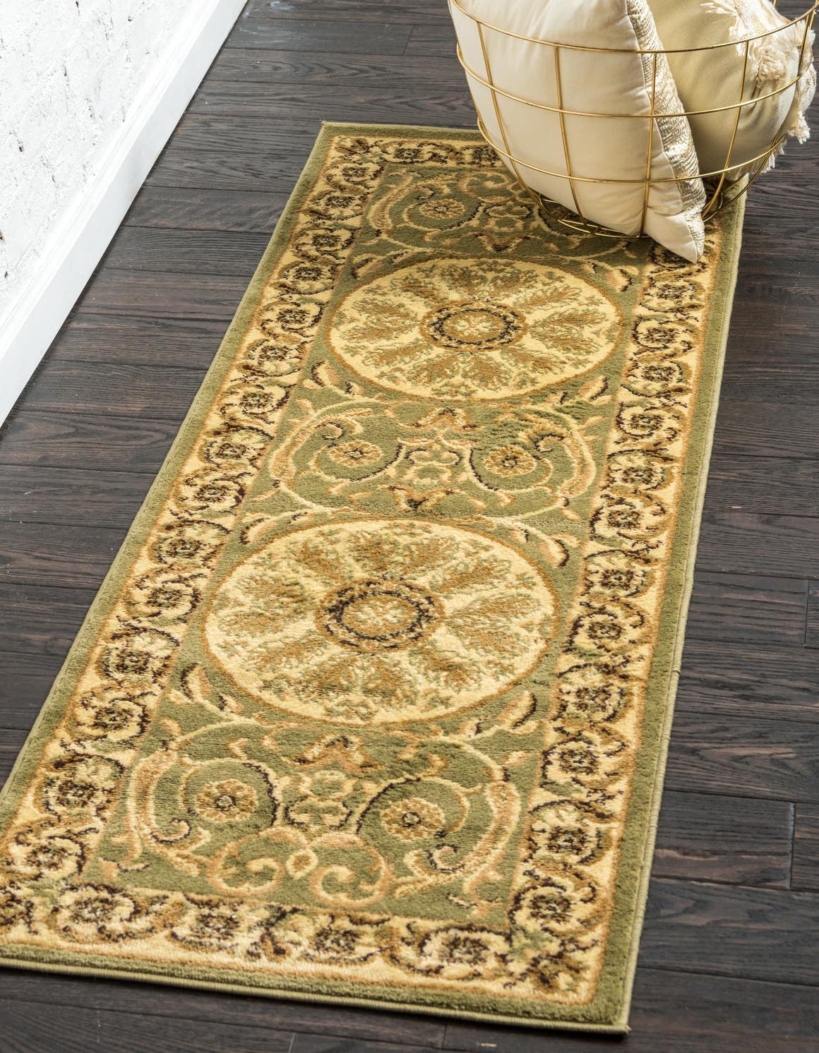 Light Green 2' 7 x 10' Versailles Runner Area Rug Classic Traditional Motif Indoor Carpet for Hallways, Dining Rooms, Bedrooms, Living Room, Office for Sale at Rug Engine
