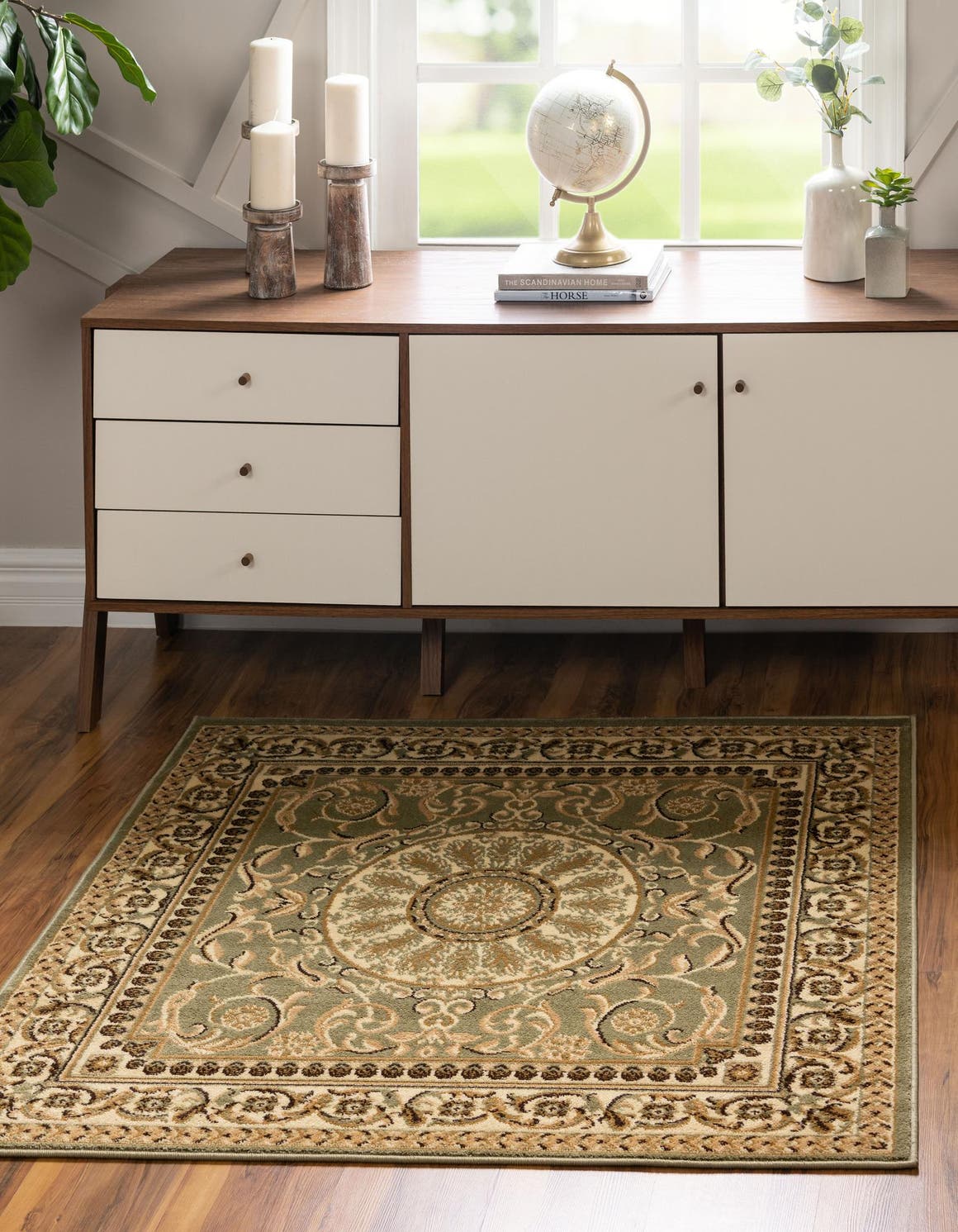 Light Green 6' 1 x 6' 1 Versailles Square Area Rug Classic Traditional Motif Indoor Carpet for Hallways, Dining Rooms, Bedrooms, Living Room, Office for Sale at Rug Engine