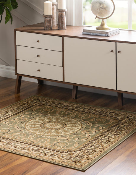 Light Green 4' 1 x 4' 1 Versailles Square Area Rug Classic Traditional Motif Indoor Carpet for Hallways, Dining Rooms, Bedrooms, Living Room, Office for Sale at Rug Engine