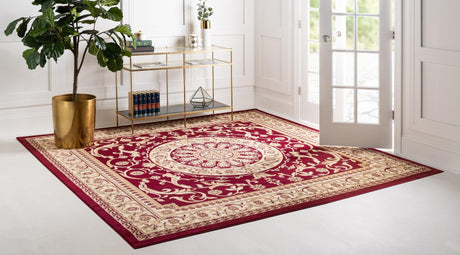Red 7' 10 x 7' 10 Versailles Square Area Rug Classic Traditional Motif Indoor Carpet for Hallways, Dining Rooms, Bedrooms, Living Room, Office for Sale at Rug Engine