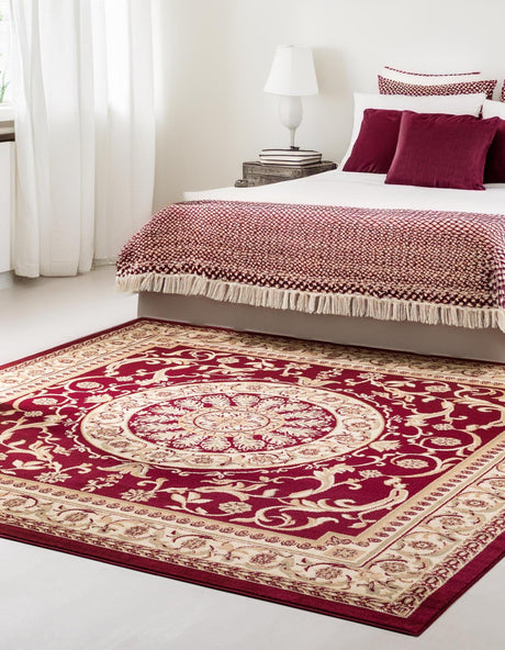 Red 7' 10 x 7' 10 Versailles Square Area Rug Classic Traditional Motif Indoor Carpet for Hallways, Dining Rooms, Bedrooms, Living Room, Office for Sale at Rug Engine