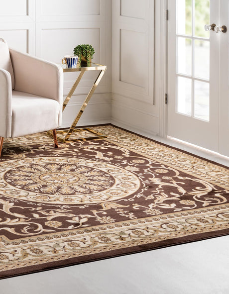 Brown 6' 1 x 6' 1 Versailles Square Area Rug Classic Traditional Motif Indoor Carpet for Hallways, Dining Rooms, Bedrooms, Living Room, Office for Sale at Rug Engine