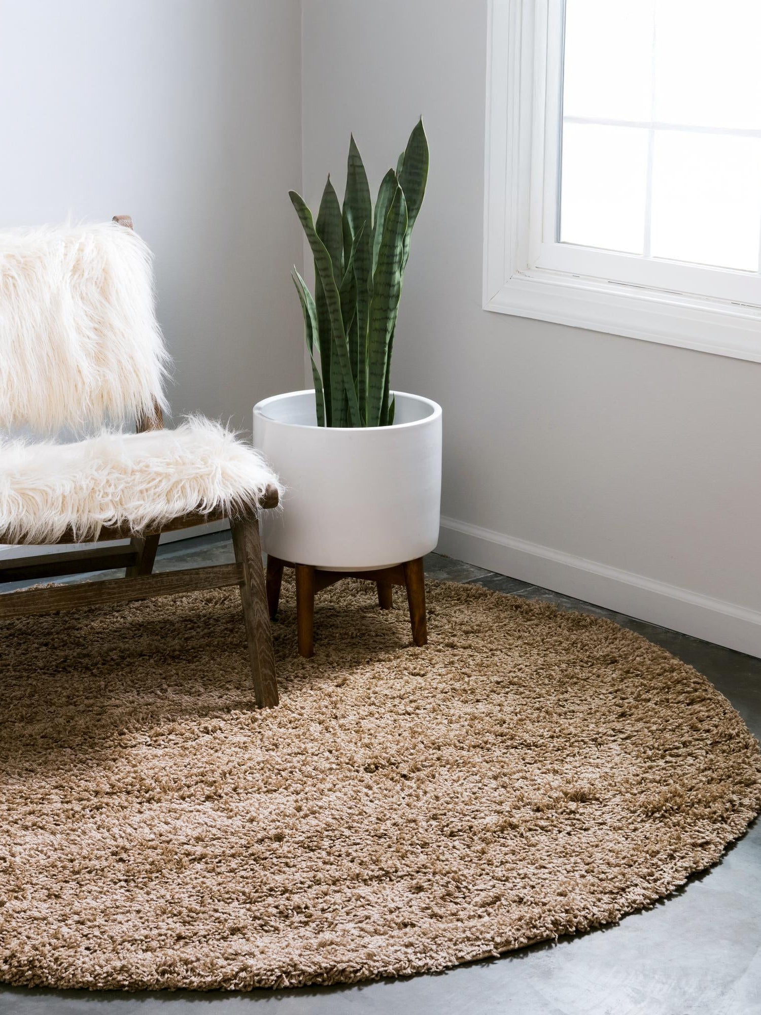 Sandy Brown 5' 3 x 5' 3 Solid Shag Round Area Rug Thick Soft Touch Fluffy & Plush Shaggy Pile