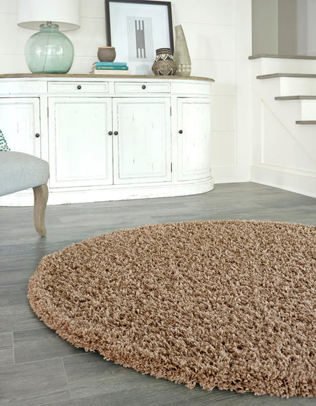 Sandy Brown 7' 10 x 7' 10 Solid Shag Round Area Rug Thick Soft Touch Fluffy & Plush Shaggy Pile Durable Minimalist Carpet for Classic Interior Design for Sale at Rug Engine