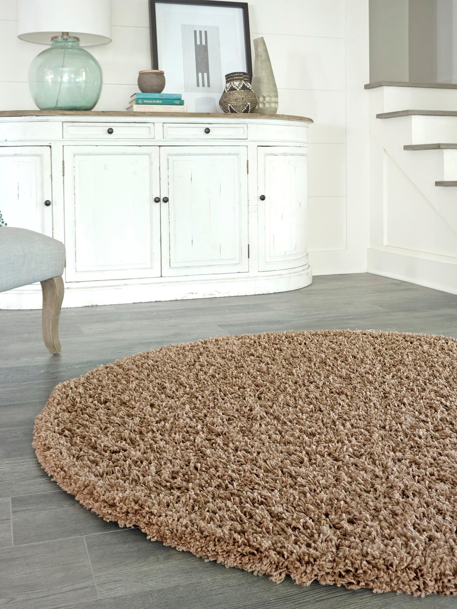 Sandy Brown 7' 1 x 7' 1 Solid Shag Round Area Rug Thick Soft Touch Fluffy & Plush Shaggy Pile Durable Minimalist Carpet for Classic Interior Design for Sale at Rug Engine