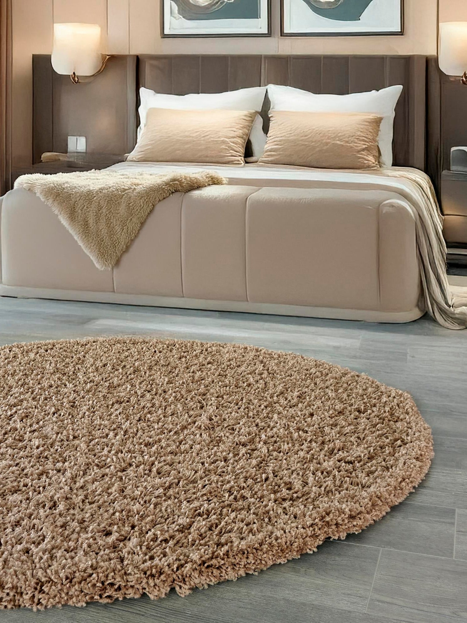Sandy Brown 4' 1 x 4' 1 Solid Shag Round Area Rug Thick Soft Touch Fluffy & Plush Shaggy Pile Durable Minimalist Carpet for Classic Interior Design for Sale at Rug Engine