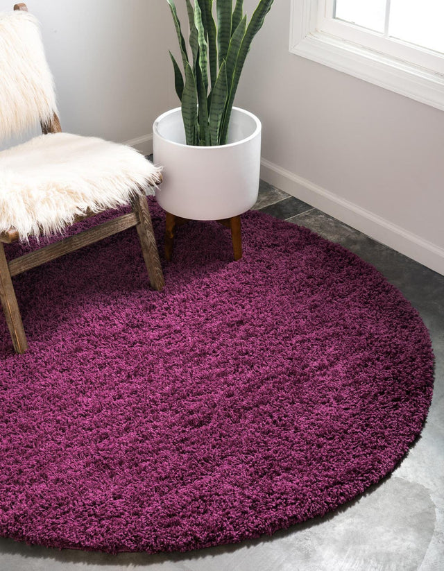 Eggplant Purple 5' 3 x 5' 3 Solid Shag Round Area Rug Thick Soft Touch Fluffy & Plush Shaggy Pile