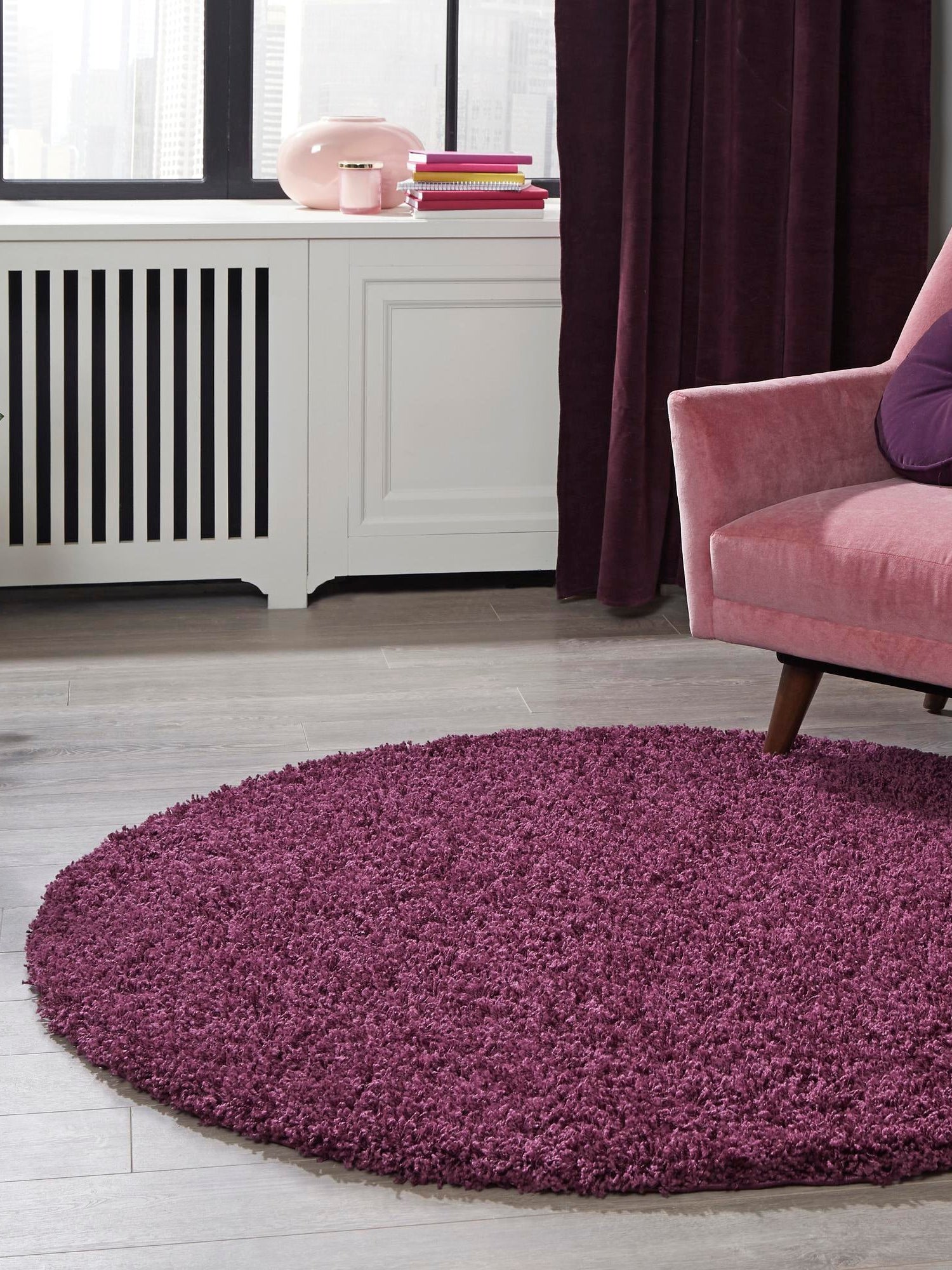 Eggplant Purple 4' 1 x 4' 1 Solid Shag Round Area Rug Thick Soft Touch Fluffy & Plush Shaggy Pile Durable Minimalist Carpet for Classic Interior Design for Sale at Rug Engine