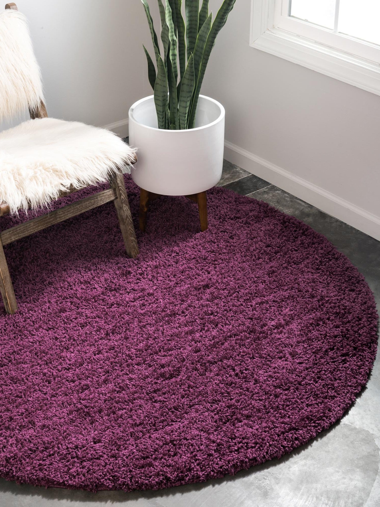 Eggplant Purple 5' 3 x 5' 3 Solid Shag Round Area Rug Thick Soft Touch Fluffy & Plush Shaggy Pile Durable Minimalist Carpet for Classic Interior Design for Sale at Rug Engine