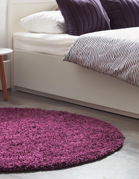 Eggplant Purple 5' 3 x 5' 3 Solid Shag Round Area Rug Thick Soft Touch Fluffy & Plush Shaggy Pile Durable Minimalist Carpet for Classic Interior Design for Sale at Rug Engine