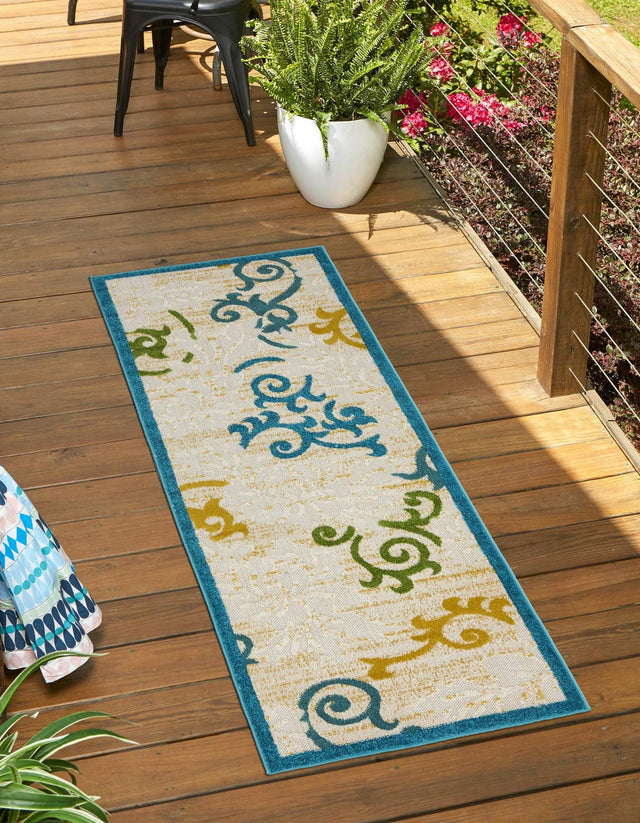 Blue 2' x 6' 1 Outdoor Botanical Runner Area Rug Weather Resistant for Patio, Deck, Terrace, Balcony, Porch Polypropylene Garden Floral Tropical Carpet for Sale at Rug Engine