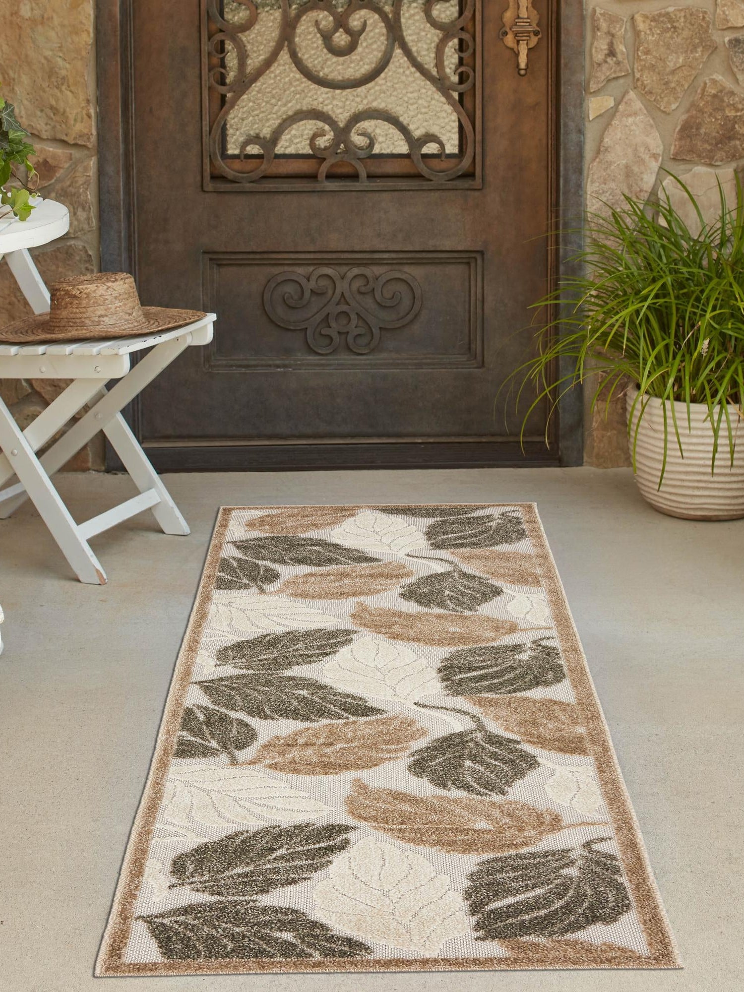 Beige 2' x 8' Outdoor Botanical Runner Area Rug Weather Resistant for Patio, Deck, Terrace, Balcony, Porch Polypropylene Garden Floral Tropical Carpet for Sale at Rug Engine