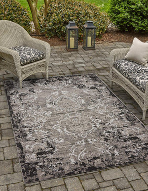 Light Gray 6' 1 x 9' Outdoor Botanical Rectangle Area Rug Weather Resistant for Patio, Deck, Terrace, Balcony, Porch Polypropylene Garden Floral Tropical Carpet for Sale at Rug Engine
