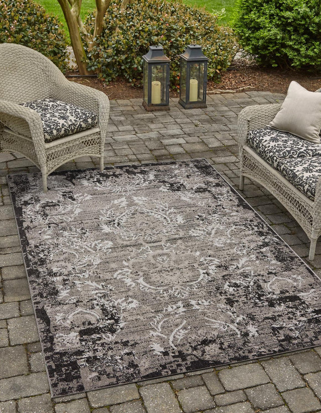 Light Gray 4' 1 x 6' 1 Outdoor Botanical Rectangle Area Rug Weather Resistant for Patio, Deck, Terrace, Balcony, Porch Polypropylene Garden Floral Tropical Carpet for Sale at Rug Engine