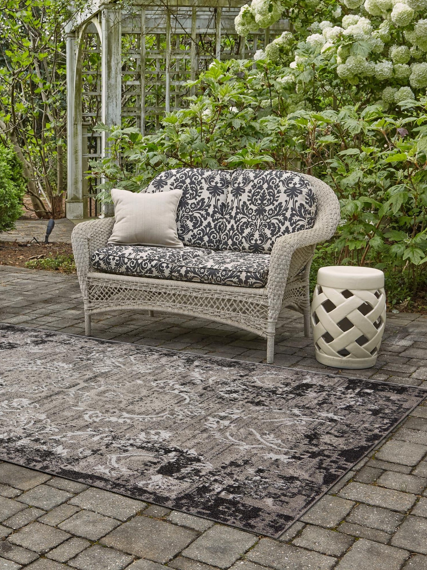 Light Gray 7' x 10' Outdoor Botanical Rectangle Area Rug Weather Resistant for Patio, Deck, Terrace, Balcony, Porch Polypropylene Garden Floral Tropical Carpet for Sale at Rug Engine