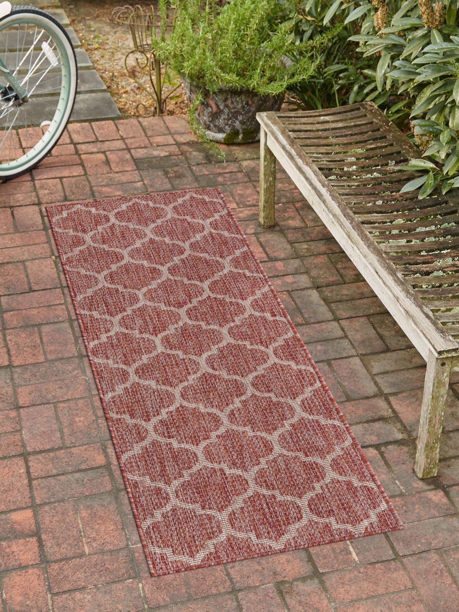 Rust Red 2' 7 x 10' Outdoor Trellis Runner Area Rug Weather Resistant for Patio, Deck, Terrace, Balcony, Porch Geometric Design Water Safe Outside Carpet for Sale at Rug Engine