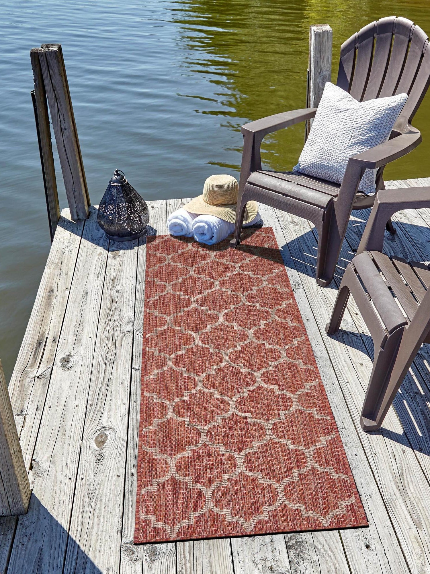 Rust Red 2' 7 x 10' Outdoor Trellis Runner Area Rug Weather Resistant for Patio, Deck, Terrace, Balcony, Porch Geometric Design Water Safe Outside Carpet for Sale at Rug Engine