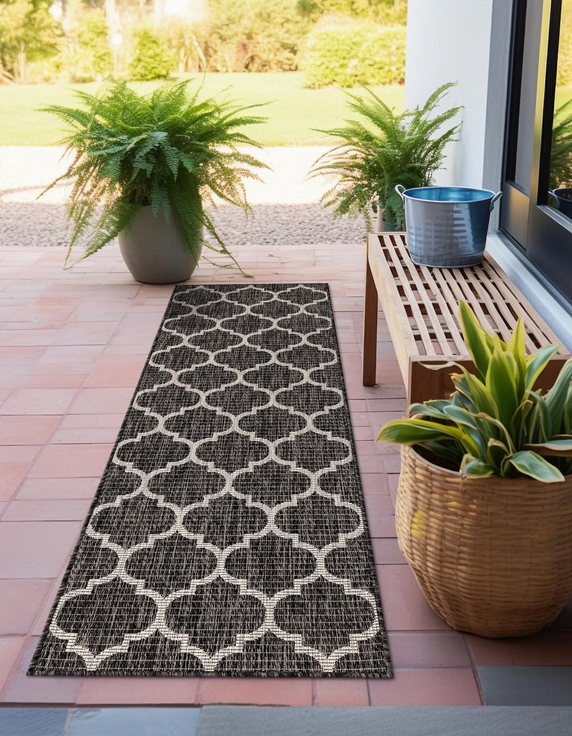 Black 2' 7 x 10' Outdoor Trellis Runner Area Rug Weather Resistant for Patio, Deck, Terrace, Balcony, Porch Geometric Design Water Safe Outside Carpet for Sale at Rug Engine
