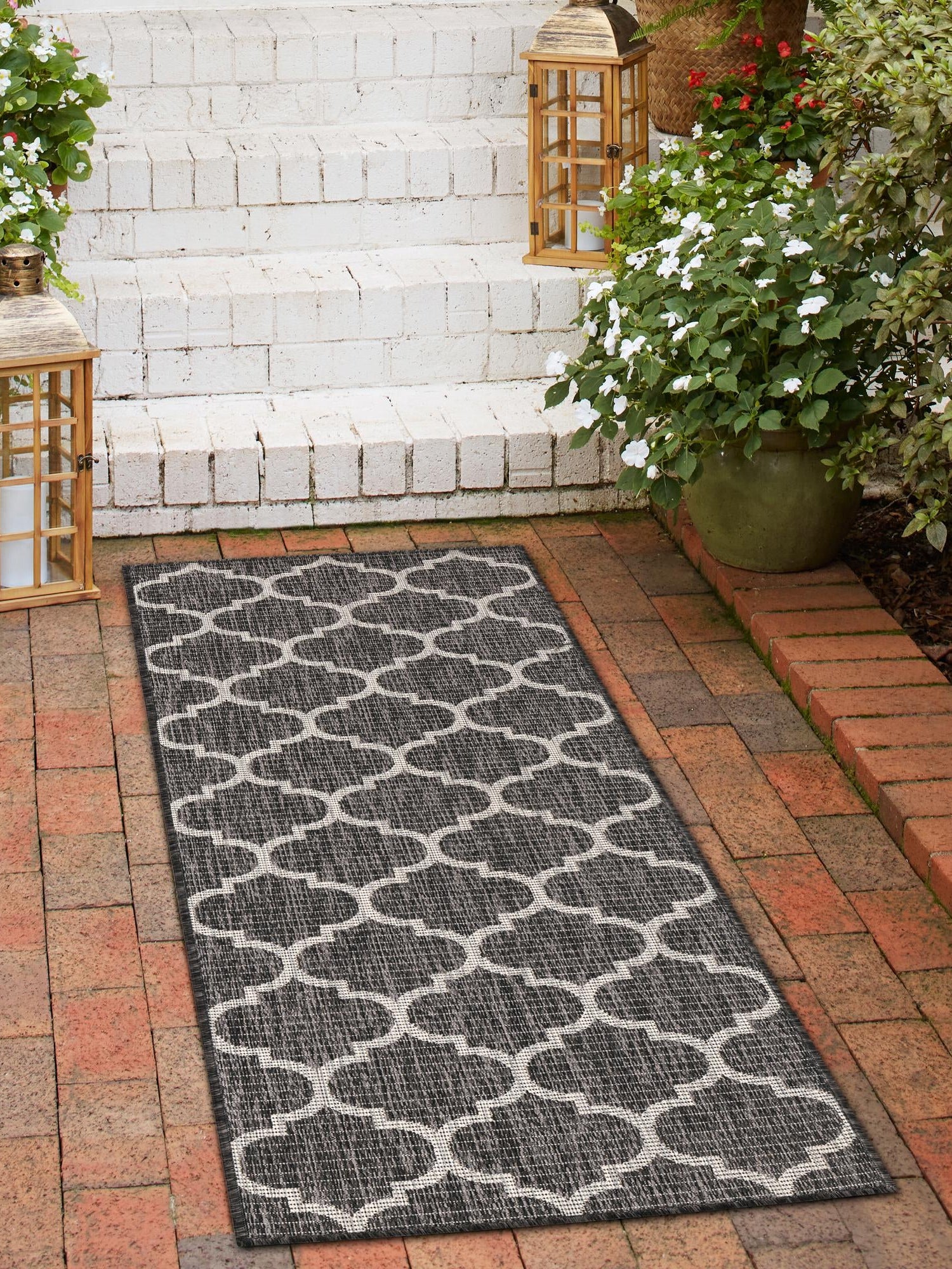 Black 2' 7 x 10' Outdoor Trellis Runner Area Rug Weather Resistant for Patio, Deck, Terrace, Balcony, Porch Geometric Design Water Safe Outside Carpet for Sale at Rug Engine