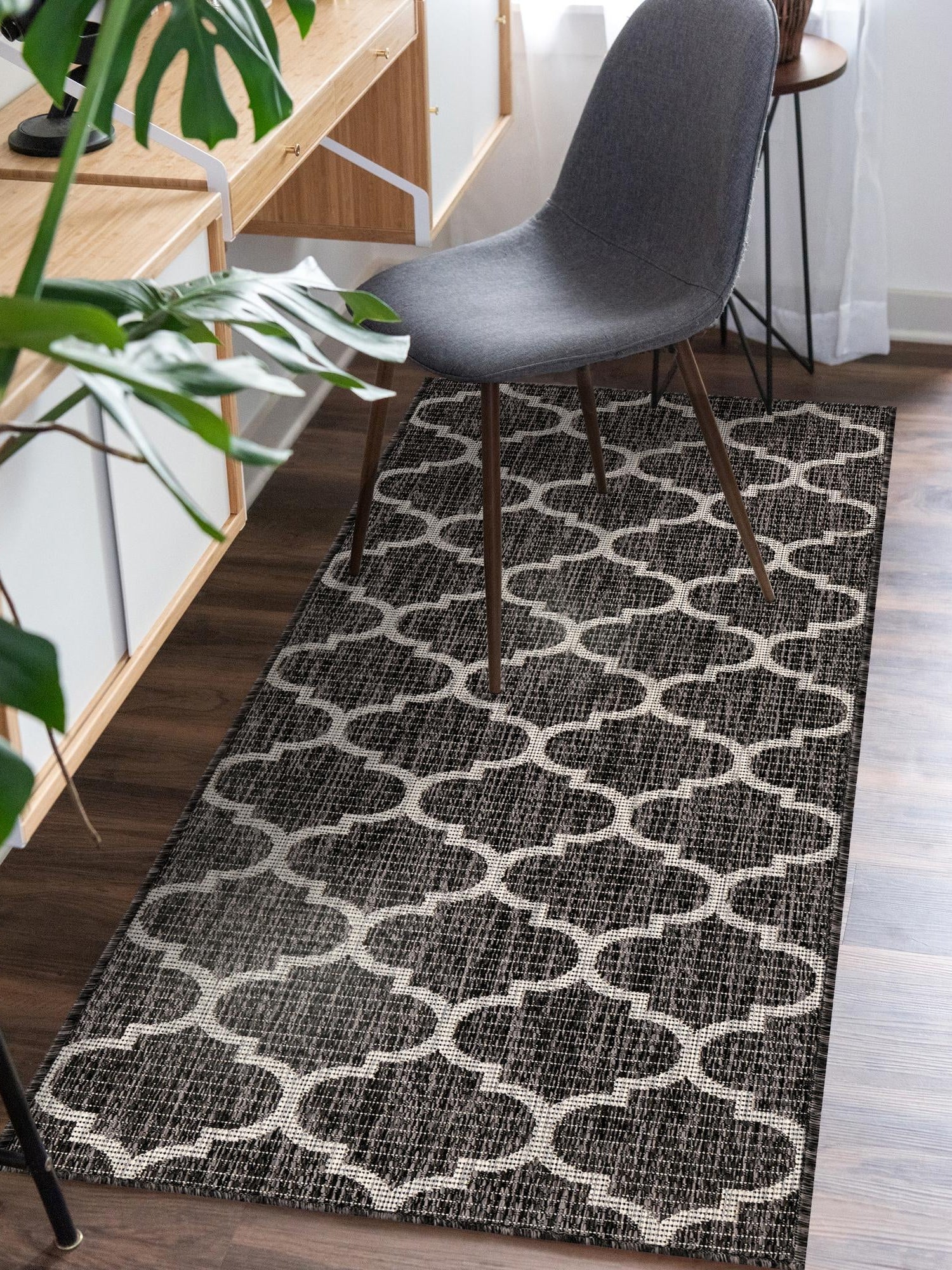 Black 2' 7 x 10' Outdoor Trellis Runner Area Rug Weather Resistant for Patio, Deck, Terrace, Balcony, Porch Geometric Design Water Safe Outside Carpet for Sale at Rug Engine