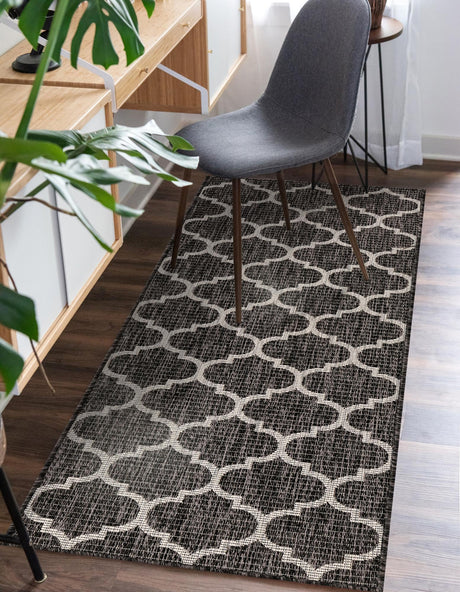 Black 2' 7 x 10' Outdoor Trellis Runner Area Rug Weather Resistant for Patio, Deck, Terrace, Balcony, Porch Geometric Design Water Safe Outside Carpet for Sale at Rug Engine