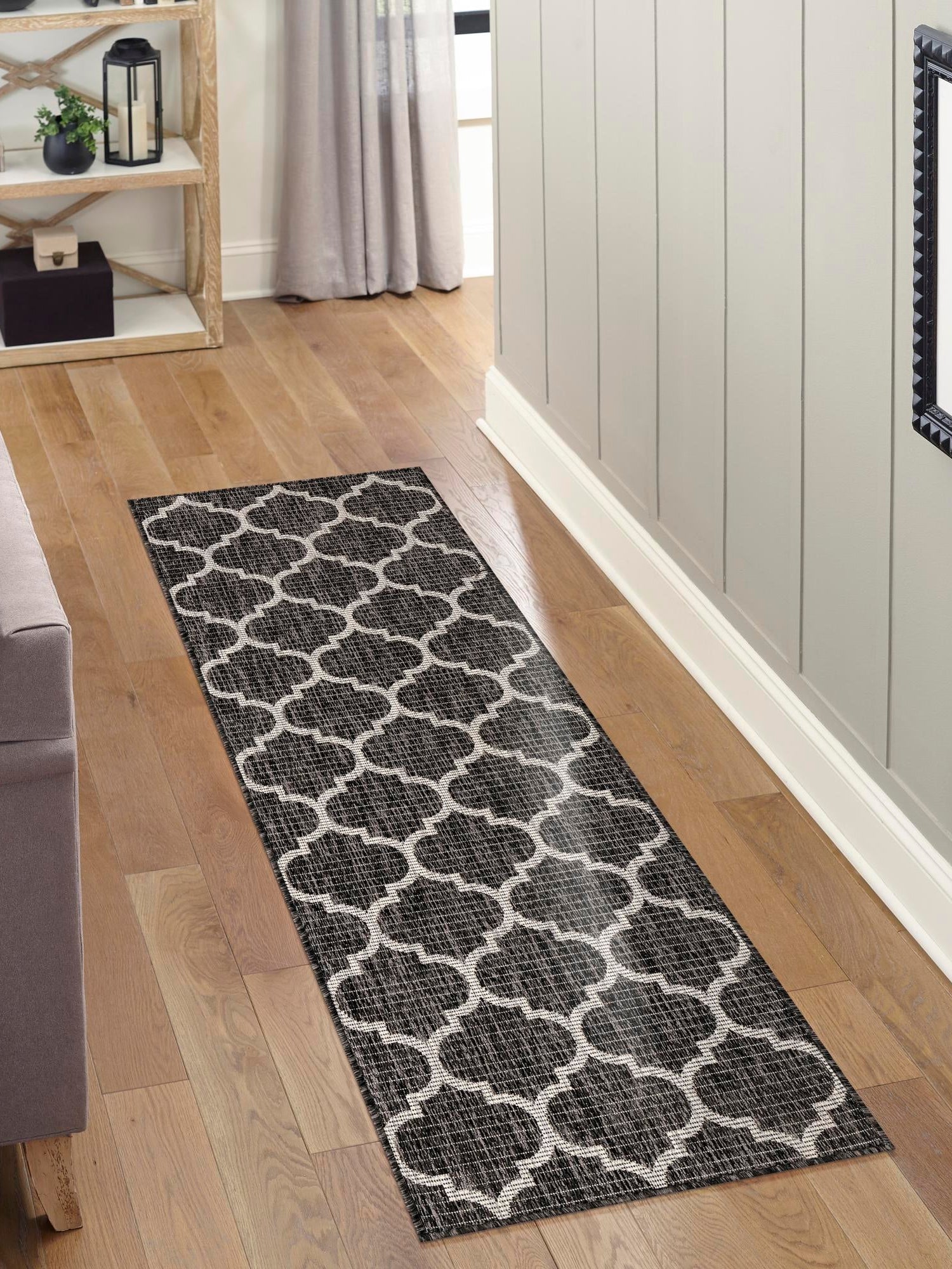 Black 2' 7 x 10' Outdoor Trellis Runner Area Rug Weather Resistant for Patio, Deck, Terrace, Balcony, Porch Geometric Design Water Safe Outside Carpet for Sale at Rug Engine