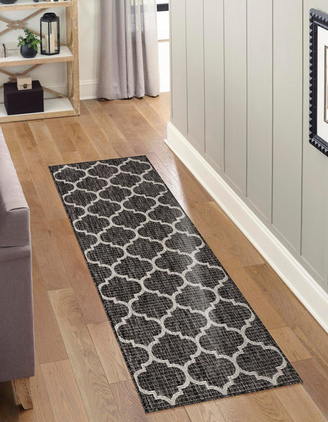 Black 2' 7 x 10' Outdoor Trellis Runner Area Rug Weather Resistant for Patio, Deck, Terrace, Balcony, Porch Geometric Design Water Safe Outside Carpet for Sale at Rug Engine
