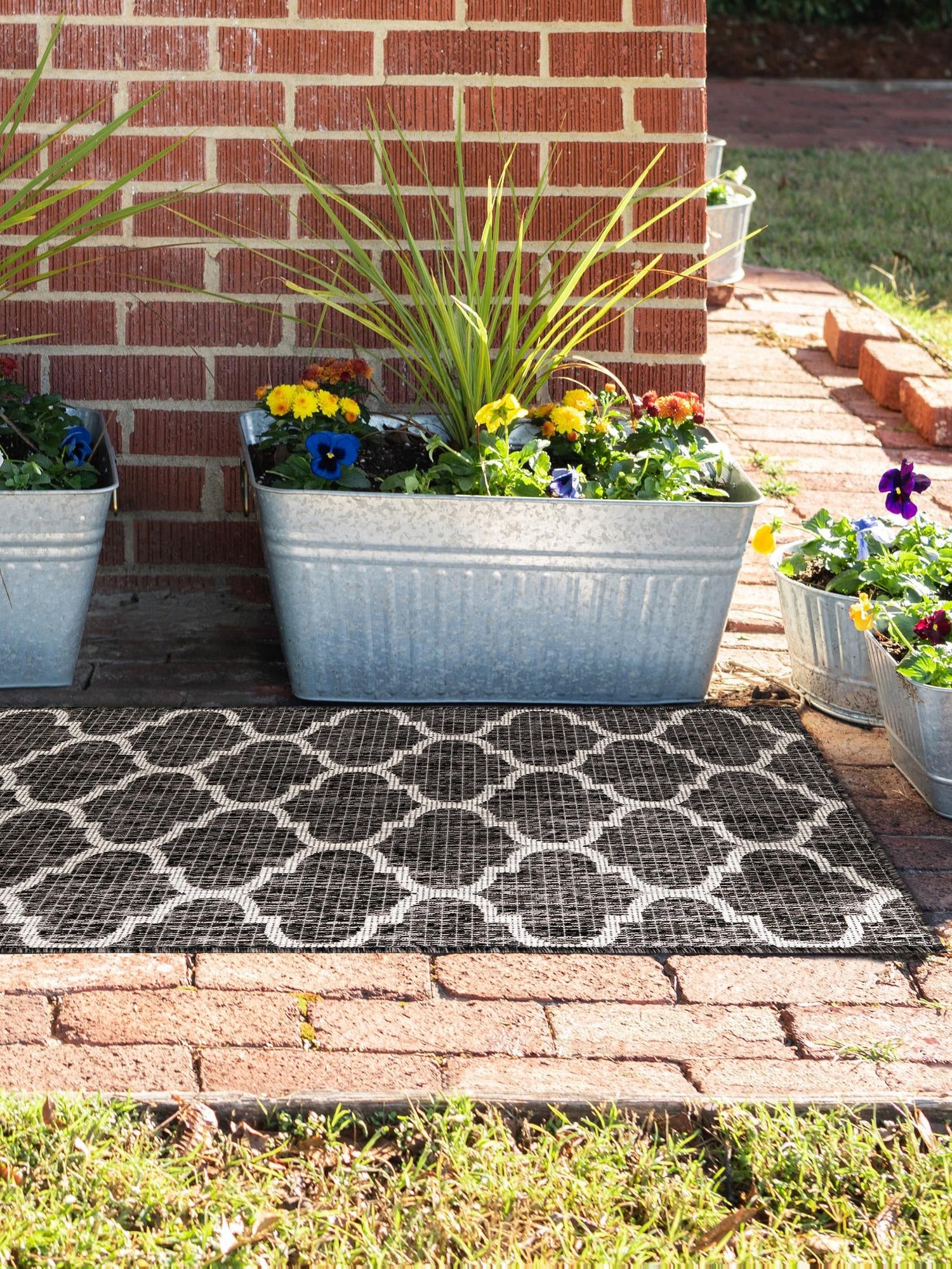 Black 2' 7 x 10' Outdoor Trellis Runner Area Rug Weather Resistant for Patio, Deck, Terrace, Balcony, Porch Geometric Design Water Safe Outside Carpet for Sale at Rug Engine