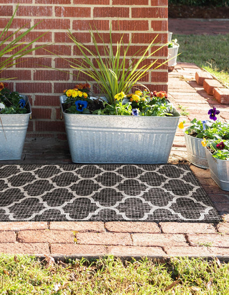Black 2' 7 x 10' Outdoor Trellis Runner Area Rug Weather Resistant for Patio, Deck, Terrace, Balcony, Porch Geometric Design Water Safe Outside Carpet for Sale at Rug Engine