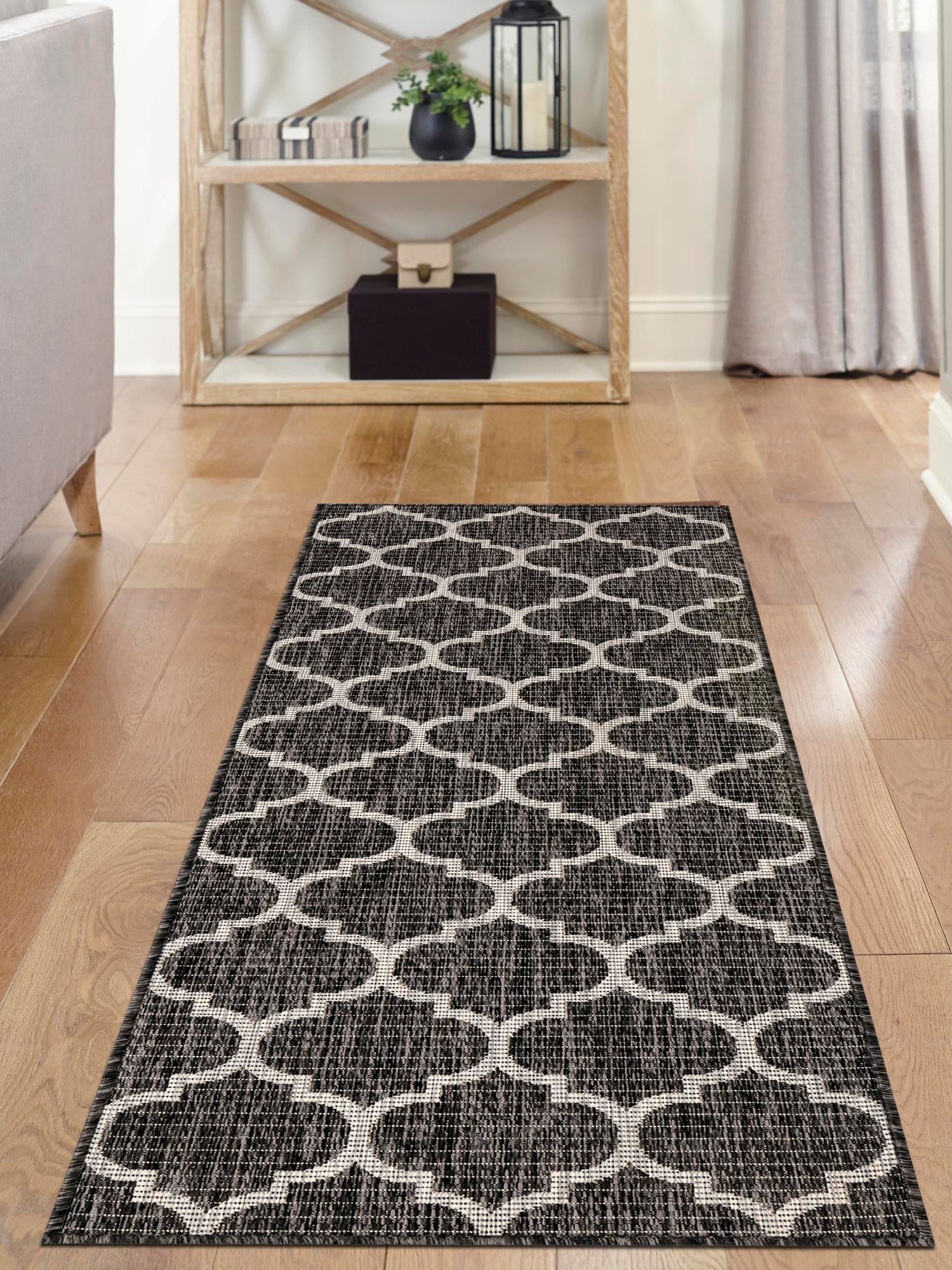 Black 2' 7 x 10' Outdoor Trellis Runner Area Rug Weather Resistant for Patio, Deck, Terrace, Balcony, Porch Geometric Design Water Safe Outside Carpet for Sale at Rug Engine