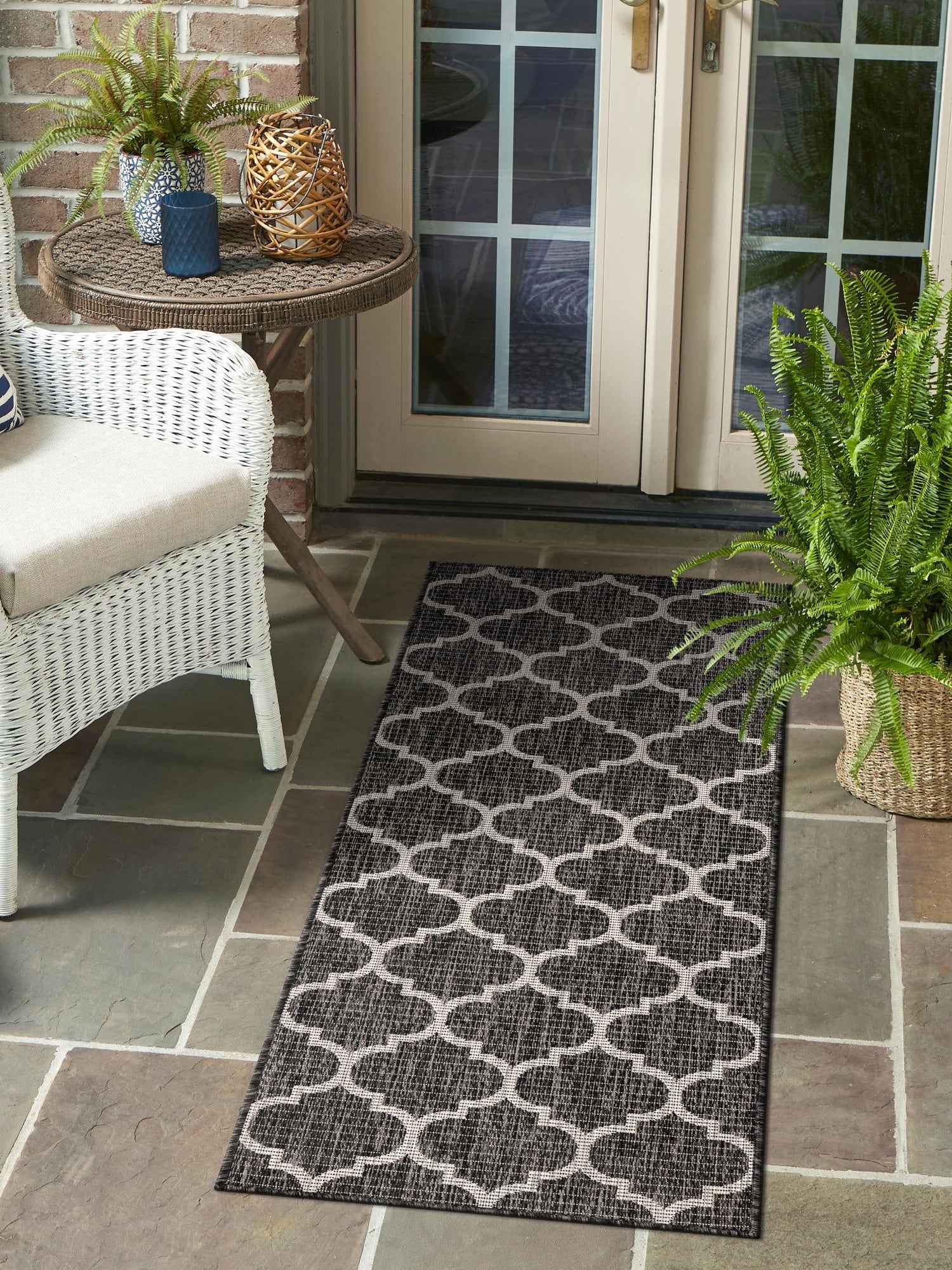 Black 2' 7 x 10' Outdoor Trellis Runner Area Rug Weather Resistant for Patio, Deck, Terrace, Balcony, Porch Geometric Design Water Safe Outside Carpet for Sale at Rug Engine