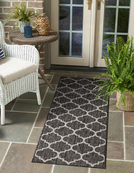 Black 2' 7 x 10' Outdoor Trellis Runner Area Rug Weather Resistant for Patio, Deck, Terrace, Balcony, Porch Geometric Design Water Safe Outside Carpet for Sale at Rug Engine