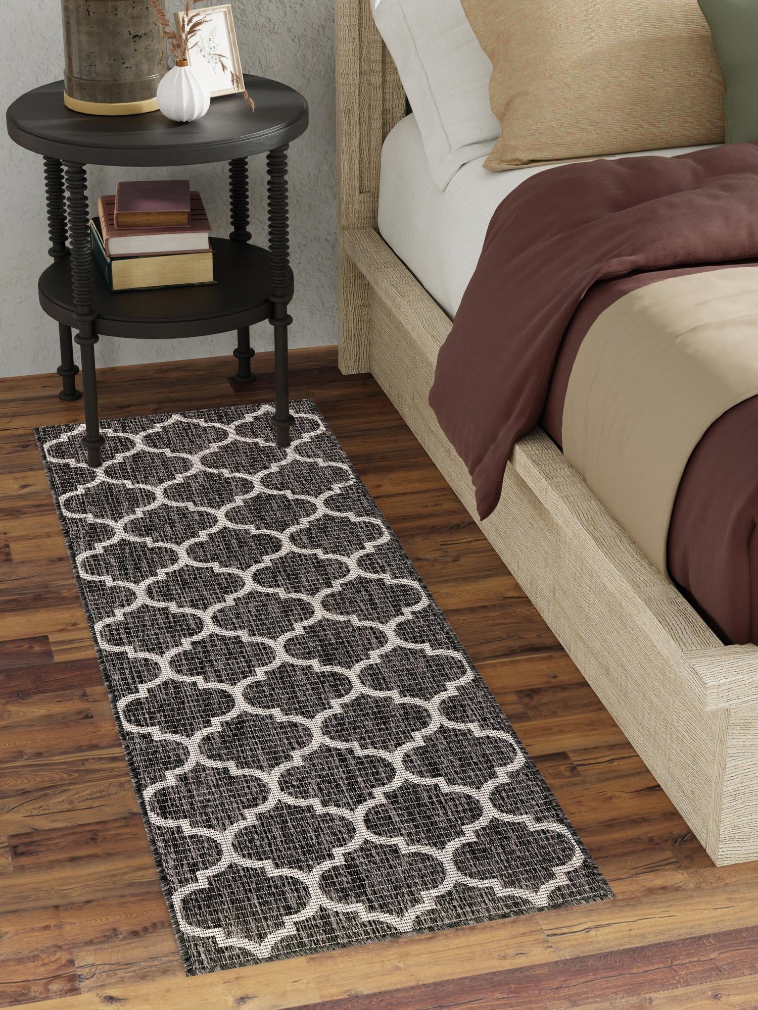 Black 2' 7 x 10' Outdoor Trellis Runner Area Rug Weather Resistant for Patio, Deck, Terrace, Balcony, Porch Geometric Design Water Safe Outside Carpet for Sale at Rug Engine