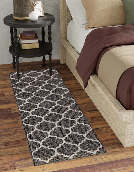 Black 2' 7 x 10' Outdoor Trellis Runner Area Rug Weather Resistant for Patio, Deck, Terrace, Balcony, Porch Geometric Design Water Safe Outside Carpet for Sale at Rug Engine