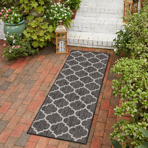 Black 2' x 8' Outdoor Trellis Runner Area Rug Weather Resistant for Patio, Deck, Terrace, Balcony, Porch Geometric Design Water Safe Outside Carpet for Sale at Rug Engine