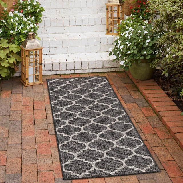 Black 2' x 8' Outdoor Trellis Runner Area Rug Weather Resistant for Patio, Deck, Terrace, Balcony, Porch Geometric Design Water Safe Outside Carpet for Sale at Rug Engine