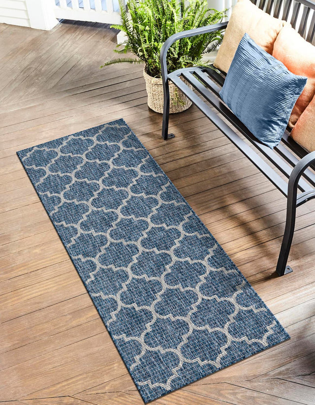 Navy Blue 2' x 6' 1 Outdoor Trellis Runner Area Rug Weather Resistant for Patio, Deck, Terrace, Balcony, Porch Geometric Design Water Safe Outside Carpet for Sale at Rug Engine