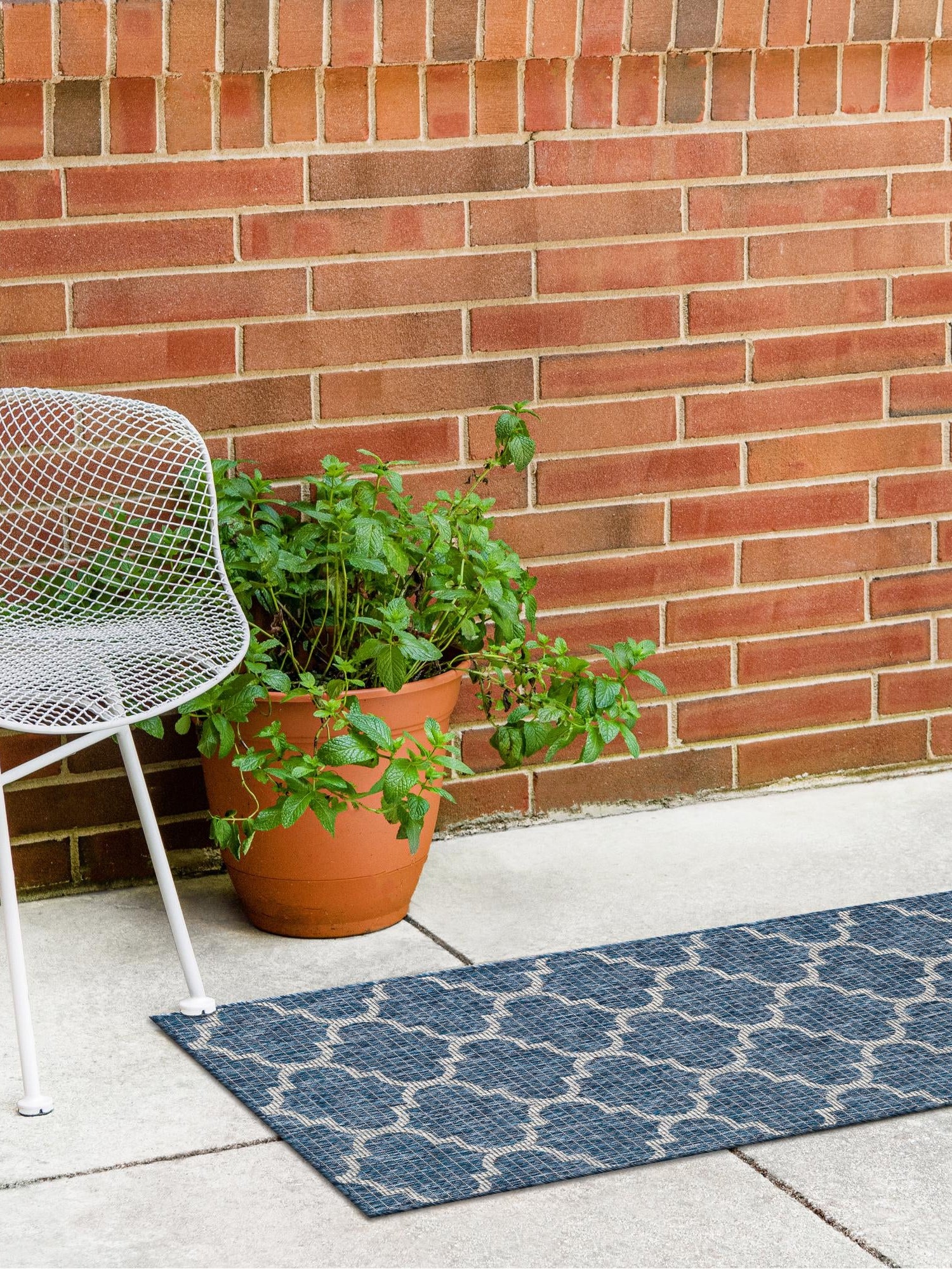 Navy Blue 2' x 8' Outdoor Trellis Runner Area Rug Weather Resistant for Patio, Deck, Terrace, Balcony, Porch Geometric Design Water Safe Outside Carpet for Sale at Rug Engine