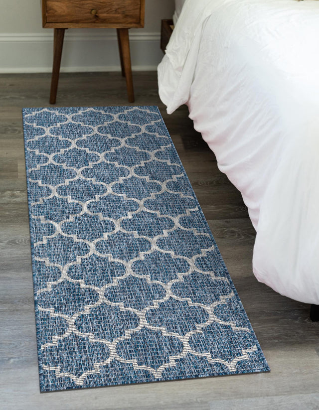 Navy Blue 2' x 6' 1 Outdoor Trellis Runner Area Rug Weather Resistant for Patio, Deck, Terrace, Balcony, Porch Geometric Design Water Safe Outside Carpet for Sale at Rug Engine