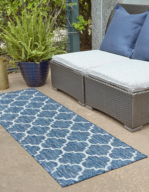 Navy Blue 2' x 6' 1 Outdoor Trellis Runner Area Rug Weather Resistant for Patio, Deck, Terrace, Balcony, Porch Geometric Design Water Safe Outside Carpet for Sale at Rug Engine