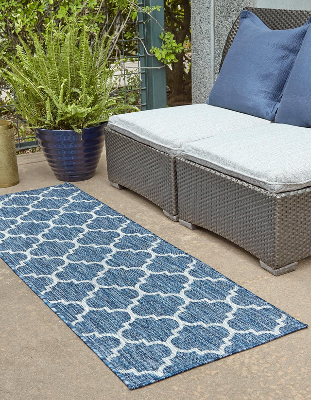 Navy Blue 2' x 6' 1 Outdoor Trellis Runner Area Rug Weather Resistant for Patio, Deck, Terrace, Balcony, Porch Geometric Design Water Safe Outside Carpet for Sale at Rug Engine