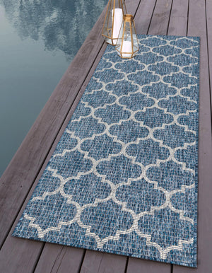 Navy Blue 2' x 6' 1 Outdoor Trellis Runner Area Rug Weather Resistant for Patio, Deck, Terrace, Balcony, Porch Geometric Design Water Safe Outside Carpet for Sale at Rug Engine