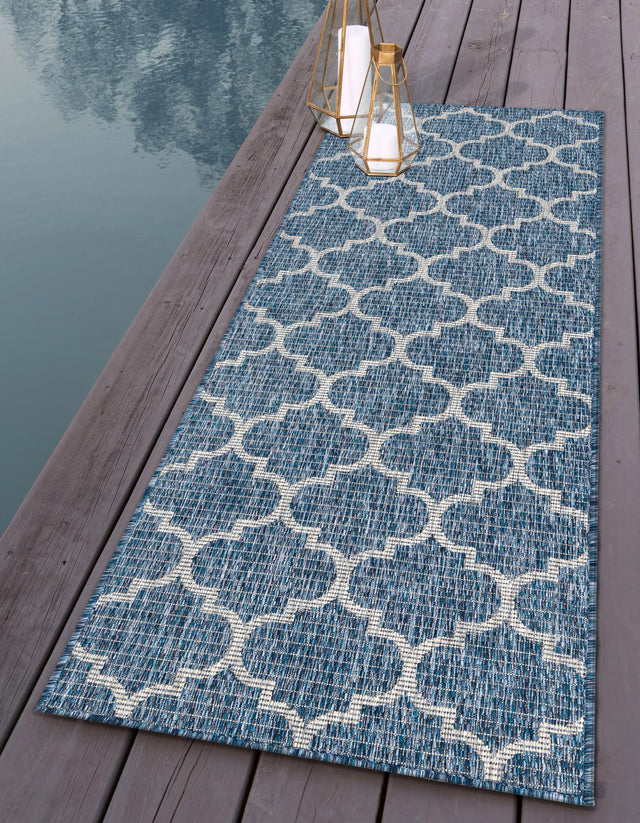 Navy Blue 2' x 6' 1 Outdoor Trellis Runner Area Rug Weather Resistant for Patio, Deck, Terrace, Balcony, Porch Geometric Design Water Safe Outside Carpet for Sale at Rug Engine