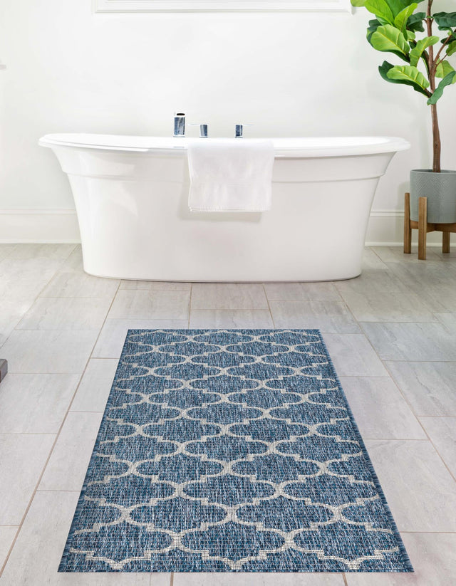 Navy Blue 2' x 8' Outdoor Trellis Runner Area Rug Weather Resistant for Patio, Deck, Terrace, Balcony, Porch Geometric Design Water Safe Outside Carpet for Sale at Rug Engine